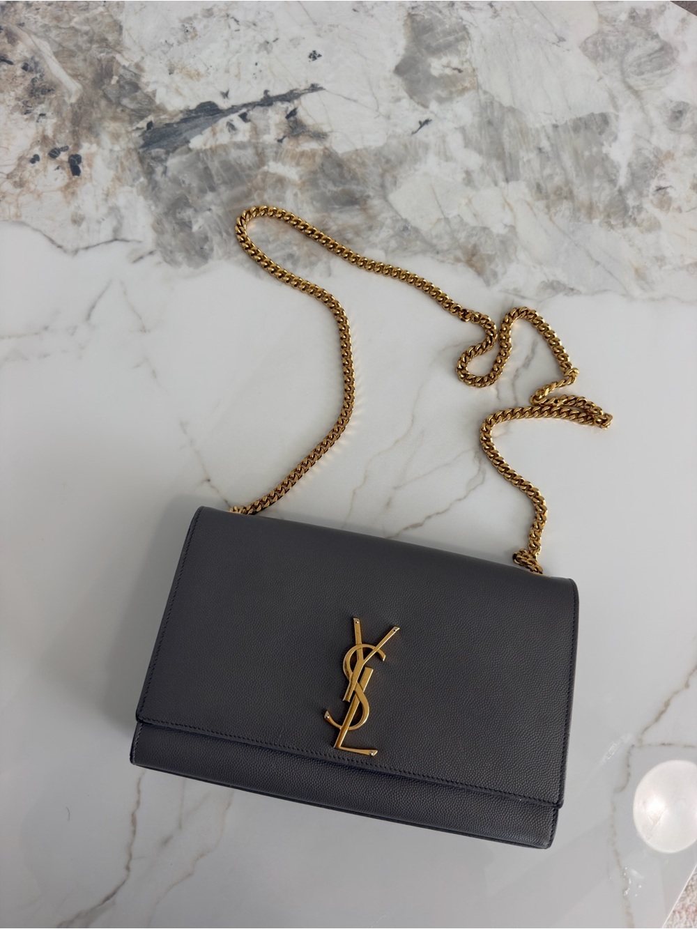 Saint Laurent Kate Bag Grey Leather Shoulder Bag with Gold Chain and YSL Logo
